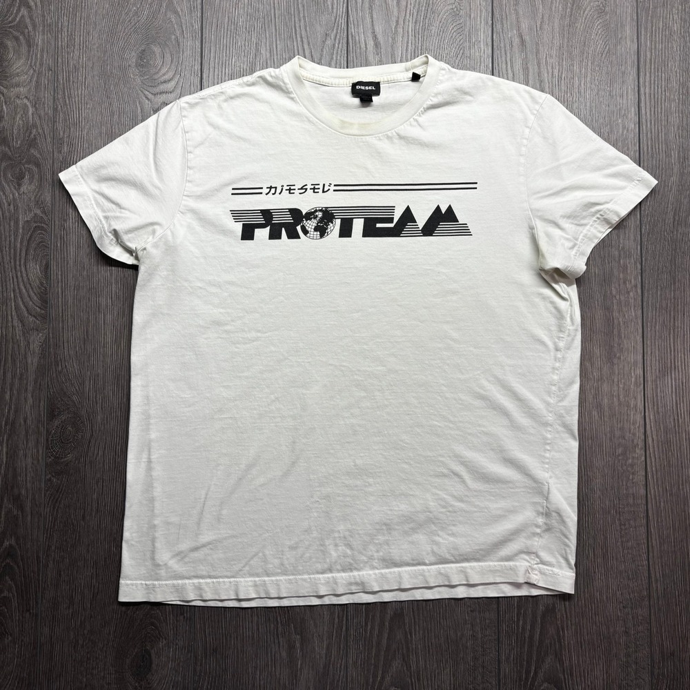 Diesel Pro Team Graphic T-Shirt White Y2K Japanese Katakana XXL